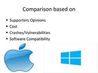 Comparison based on 
 Supporters Opinions 
 Cost 
 Crashes/Vulnerabilities 
 Software Compatibility 
 