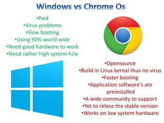 •Opensource 
•Build in Linux kernal thus no virus 
•Faster booting 
•Application software's are 
preinstalled 
•A wide community to support 
•Yet to relese the stable version 
•Works on low system hardware 
•Paid 
•Virus problems 
•Slow booting 
•Using 90% world wide 
•Need good hardware to work 
•Need rather high system h/w 
 