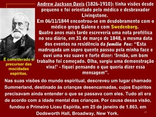 Nas suas visões do mundo espiritual, descreveu um lugar chamado
Summerland, destinado às crianças desencarnadas, cujos Espíritos
precisavam ainda entender o que se passava com eles. Tudo ali era
de acordo com a idade mental das crianças. Por causa dessa visão,
fundou o Primeiro Liceu Espírita, em 25 de janeiro de 1.863, em
Dodsworth Hall, Broadway, New York.
É considerado o
precursor das
mocidades
espíritas.
Andrew Jackson Davis (1826-1910): tinha visões desde
pequeno e foi orientado pelo médico e desbravador
Livingstone.
Em 06/11/1844 encontrou-se em desdobramento com o
médico grego Galeno e com Swedenborg.
Quatro anos mais tarde escreveria uma nota profética
no seu diário, em 31 de março de 1848, a mesma data
dos eventos na residência da família Fox: “Esta
madrugada um sopro quente passou pela minha face e
ouvi uma voz suave e forte dizer: ‘Irmão, um bom
trabalho foi começado. Olha, surgiu uma demonstração
viva!’ - fiquei pensando o que queria dizer essa
mensagem”.
13
 