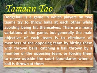 Tamaan Tao 
Dodgeball is a game in which players on two 
teams try to throw balls at each other while 
avoiding being hit themselves. There are many 
variations of the game, but generally the main 
objective of each team is to eliminate all 
members of the opposing team by hitting them 
with thrown balls, catching a ball thrown by a 
member of the opposing team, or forcing them 
to move outside the court boundaries when a 
ball is thrown at them 
 