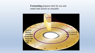 Sector stores up
to 512 bytes of
data
Track is
narrow
recording
band that
forms full
circle on
disk
Formatting prepares disk for use and
marks bad sectors as unusable
 