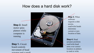 How does a hard disk work?
Step 1. Circuit
board controls
movement of head
Step 2. Small
motor spins
platters while
computer is
running
Step 3. When
software
requests a disk
access,
read/write heads
determine
current or new
location of data.
Step 4. Head
actuator positions
read/write head
arms over correct
location on platters
to read or write
 
