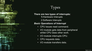 Types
There are two types of interrupts:
1:Hardware Interupts
2:Software Interupts
Basic Operations of Interrupt
• CPU issues read command.
• I/O module gets data from peripheral
whilst CPU does other work.
• I/O module interrupts CPU.
• CPU requests data.
• I/O module transfers data.
 
