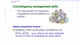 3.Contingency management skills
• The requirement to respond to
irregularities and breakdowns in
routine*
Ethiopian TVET Reform
MoE - ECBP
being competent means –
dealing with everyday problems as
they arise (e.g. what to do when materials
are not in stock or managing an upset client)
 