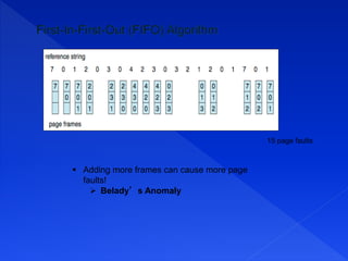  Adding more frames can cause more page
faults!
 Belady’s Anomaly
15 page faults
 