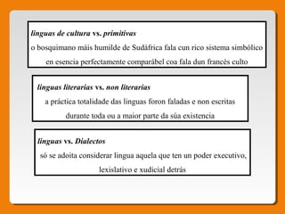 linguas de cultura vs. primitivas
o bosquimano máis humilde de Sudáfrica fala cun rico sistema simbólico
en esencia perfectamente comparábel coa fala dun francés culto
linguas literarias vs. non literarias
a práctica totalidade das linguas foron faladas e non escritas
durante toda ou a maior parte da súa existencia
linguas vs. Dialectos
só se adoita considerar lingua aquela que ten un poder executivo,
lexislativo e xudicial detrás
 