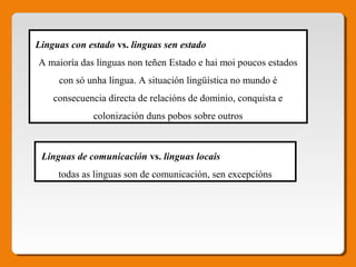 Linguas con estado vs. linguas sen estado
A maioría das linguas non teñen Estado e hai moi poucos estados
con só unha lingua. A situación lingüística no mundo é
consecuencia directa de relacións de dominio, conquista e
colonización duns pobos sobre outros
 Linguas de comunicación vs. linguas locais
todas as linguas son de comunicación, sen excepcións
 
