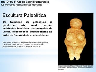 Venus von Willendorf. Representa uma mulher grávida,
Datada de cerca de 25.000 anos. Encontrada nas
proximidades de Willendorf, Áustria, em 1908.
Escultura Paleolítica
Os humanos do paleolítico já
produziam arte, sendo comum
estatuetas femininas denominadas de
vênus, relacionadas possivelmente ao
culto da fecundidade e sexualidade.
Imagem: Vênus de Willendorf, Museu de História Natural /
Autor: Oke / Creative Commons Attribution-Share Alike 3.0
Unported.
HISTÓRIA, 6º Ano do Ensino Fundamental
Os Primeiros Agrupamentos Humanos
 