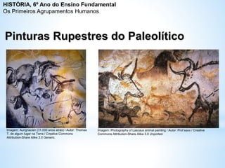 Pinturas Rupestres do Paleolítico
Imagem: Aurignacien (31.000 anos atrás) / Autor: Thomas
T. de algum lugar na Terra / Creative Commons
Attribution-Share Alike 2.0 Generic.
Imagem: Photography of Lascaux animal painting / Autor: Prof saxx / Creative
Commons Attribution-Share Alike 3.0 Unported.
HISTÓRIA, 6º Ano do Ensino Fundamental
Os Primeiros Agrupamentos Humanos
 