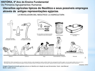 Utensílios agrícolas típicos do Neolítico e seus possíveis empregos
através de antigas representações egípcias.
Imagem: Esquema de tarefa agrícola comuns no Neolítico em relação às suas ferramentas / Autor: José-Manuel
Benito / public domain.
HISTÓRIA, 6º Ano do Ensino Fundamental
Os Primeiros Agrupamentos Humanos
 