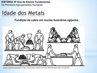 Fundição de cobre em murais funerários egípcios
Imagem: Egípcios metalúrgicos / Autor: Locutus Borg / Creative Commons Attribution-Share Alike 3.0 Unported.
HISTÓRIA, 6º Ano do Ensino Fundamental
Os Primeiros Agrupamentos Humanos
 