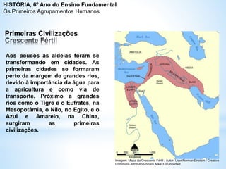 Aos poucos as aldeias foram se
transformando em cidades. As
primeiras cidades se formaram
perto da margem de grandes rios,
devido à importância da água para
a agricultura e como via de
transporte. Próximo a grandes
rios como o Tigre e o Eufrates, na
Mesopotâmia, o Nilo, no Egito, e o
Azul e Amarelo, na China,
surgiram as primeiras
civilizações.
Primeiras Civilizações
Imagem: Mapa da Crescente Fértil / Autor: User:NormanEinstein / Creative
Commons Attribution-Share Alike 3.0 Unported.
HISTÓRIA, 6º Ano do Ensino Fundamental
Os Primeiros Agrupamentos Humanos
 