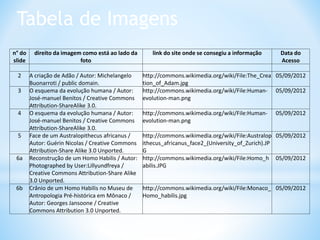 Tabela de Imagens
n° do
slide
direito da imagem como está ao lado da
foto
link do site onde se consegiu a informação Data do
Acesso
2 A criação de Adão / Autor: Michelangelo
Buonarroti / public domain.
http://commons.wikimedia.org/wiki/File:The_Crea
tion_of_Adam.jpg
05/09/2012
3 O esquema da evolução humana / Autor:
José-manuel Benitos / Creative Commons
Attribution-ShareAlike 3.0.
http://commons.wikimedia.org/wiki/File:Human-
evolution-man.png
05/09/2012
4 O esquema da evolução humana / Autor:
José-manuel Benitos / Creative Commons
Attribution-ShareAlike 3.0.
http://commons.wikimedia.org/wiki/File:Human-
evolution-man.png
05/09/2012
5 Face de um Australopithecus africanus /
Autor: Guérin Nicolas / Creative Commons
Attribution-Share Alike 3.0 Unported.
http://commons.wikimedia.org/wiki/File:Australop
ithecus_africanus_face2_(University_of_Zurich).JP
G
05/09/2012
6a Reconstrução de um Homo Habilis / Autor:
Photographed by User:Lillyundfreya /
Creative Commons Attribution-Share Alike
3.0 Unported.
http://commons.wikimedia.org/wiki/File:Homo_h
abilis.JPG
05/09/2012
6b Crânio de um Homo Habilis no Museu de
Antropologia Pré-histórica em Mônaco /
Autor: Georges Jansoone / Creative
Commons Attribution 3.0 Unported.
http://commons.wikimedia.org/wiki/File:Monaco_
Homo_habilis.jpg
05/09/2012
 