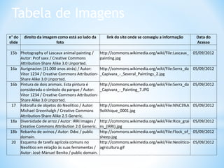 Tabela de Imagens
n° do
slide
direito da imagem como está ao lado da
foto
link do site onde se consegiu a informação Data do
Acesso
15b Photography of Lascaux animal painting /
Autor: Prof saxx / Creative Commons
Attribution-Share Alike 3.0 Unported.
http://commons.wikimedia.org/wiki/File:Lascaux_
painting.jpg
05/09/2012
16a Aurignacien (31.000 anos atrás) / Autor:
Vitor 1234 / Creative Commons Attribution-
Share Alike 3.0 Unported.
http://commons.wikimedia.org/wiki/File:Serra_da
_Capivara_-_Several_Paintings_2.jpg
05/09/2012
16b Pintura de dois animais. Esta pintura é
considerada o símbolo do parque / Autor:
Vitor 1234 / Creative Commons Attribution-
Share Alike 3.0 Unported.
http://commons.wikimedia.org/wiki/File:Serra_da
_Capivara_-_Painting_7.JPG
05/09/2012
17 Fotorafia de objetos do Neolítico / Autor:
Michael Greenhalgh / Creative Commons
Attribution-Share Alike 2.5 Generic.
http://commons.wikimedia.org/wiki/File:N%C3%A
9olithique_0001.jpg
05/09/2012
18a Diversidade de arroz / Autor: IRRI Images /
Creative Commons Attribution 2.0 Generic.
http://commons.wikimedia.org/wiki/File:Rice_grai
ns_(IRRI).jpg
05/09/2012
18b Rebanho de ovinos / Autor: Ddxc / public
domain.
http://commons.wikimedia.org/wiki/File:Flock_of_
sheep.jpg
05/09/2012
20 Esquema de tarefa agrícola comuns no
Neolítico em relação às suas ferramentas /
Autor: José-Manuel Benito / public domain.
http://commons.wikimedia.org/wiki/File:Neolitico-
agricultura.gif
05/09/2012
 