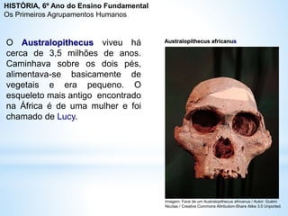 Australopithecus africanus
O Australopithecus viveu há
cerca de 3,5 milhões de anos.
Caminhava sobre os dois pés,
alimentava-se basicamente de
vegetais e era pequeno. O
esqueleto mais antigo encontrado
na África é de uma mulher e foi
chamado de Lucy.
Imagem: Face de um Australopithecus africanus / Autor: Guérin
Nicolas / Creative Commons Attribution-Share Alike 3.0 Unported.
HISTÓRIA, 6º Ano do Ensino Fundamental
Os Primeiros Agrupamentos Humanos
 