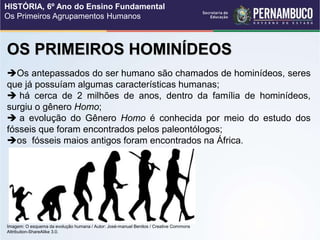 OS PRIMEIROS HOMINÍDEOS
Os antepassados do ser humano são chamados de hominídeos, seres
que já possuíam algumas características humanas;
 há cerca de 2 milhões de anos, dentro da família de hominídeos,
surgiu o gênero Homo;
 a evolução do Gênero Homo é conhecida por meio do estudo dos
fósseis que foram encontrados pelos paleontólogos;
os fósseis maios antigos foram encontrados na África.
Imagem: O esquema da evolução humana / Autor: José-manuel Benitos / Creative Commons
Attribution-ShareAlike 3.0.
HISTÓRIA, 6º Ano do Ensino Fundamental
Os Primeiros Agrupamentos Humanos
 