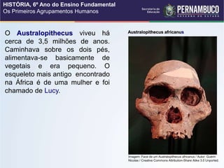 Australopithecus africanus
O Australopithecus viveu há
cerca de 3,5 milhões de anos.
Caminhava sobre os dois pés,
alimentava-se basicamente de
vegetais e era pequeno. O
esqueleto mais antigo encontrado
na África é de uma mulher e foi
chamado de Lucy.
Imagem: Face de um Australopithecus africanus / Autor: Guérin
Nicolas / Creative Commons Attribution-Share Alike 3.0 Unported.
HISTÓRIA, 6º Ano do Ensino Fundamental
Os Primeiros Agrupamentos Humanos
 