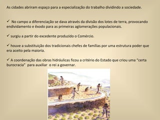 As cidades abriram espaço para a especialização do trabalho dividindo a sociedade. No campo a diferenciação se dava através da divisão dos lotes de terra, provocando endividamento e êxodo para as primeiras aglomerações populacionais. surgiu a partir do excedente produzido o Comércio. houve a substituição dos tradicionais chefes de famílias por uma estrutura poder que era aceito pela maioria. A coordenação das obras hidráulicas ficou a critério do Estado que criou uma “certa burocracia”  para auxiliar  o rei a governar. 