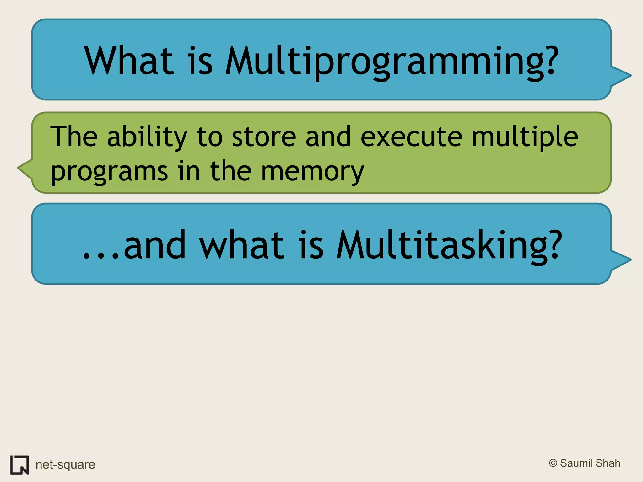 What is Multiprogramming?The ability to store and execute multiple programs in the memory...and what is Multitasking?