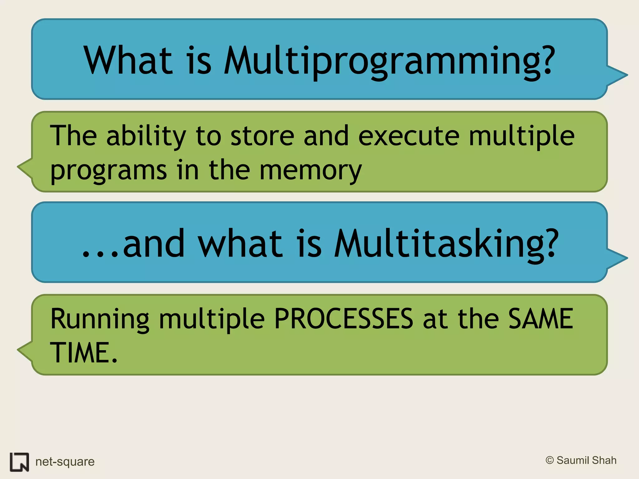 What is Multiprogramming?The ability to store and execute multiple programs in the memory...and what is Multitasking?Running multiple PROCESSES at the SAME TIME.