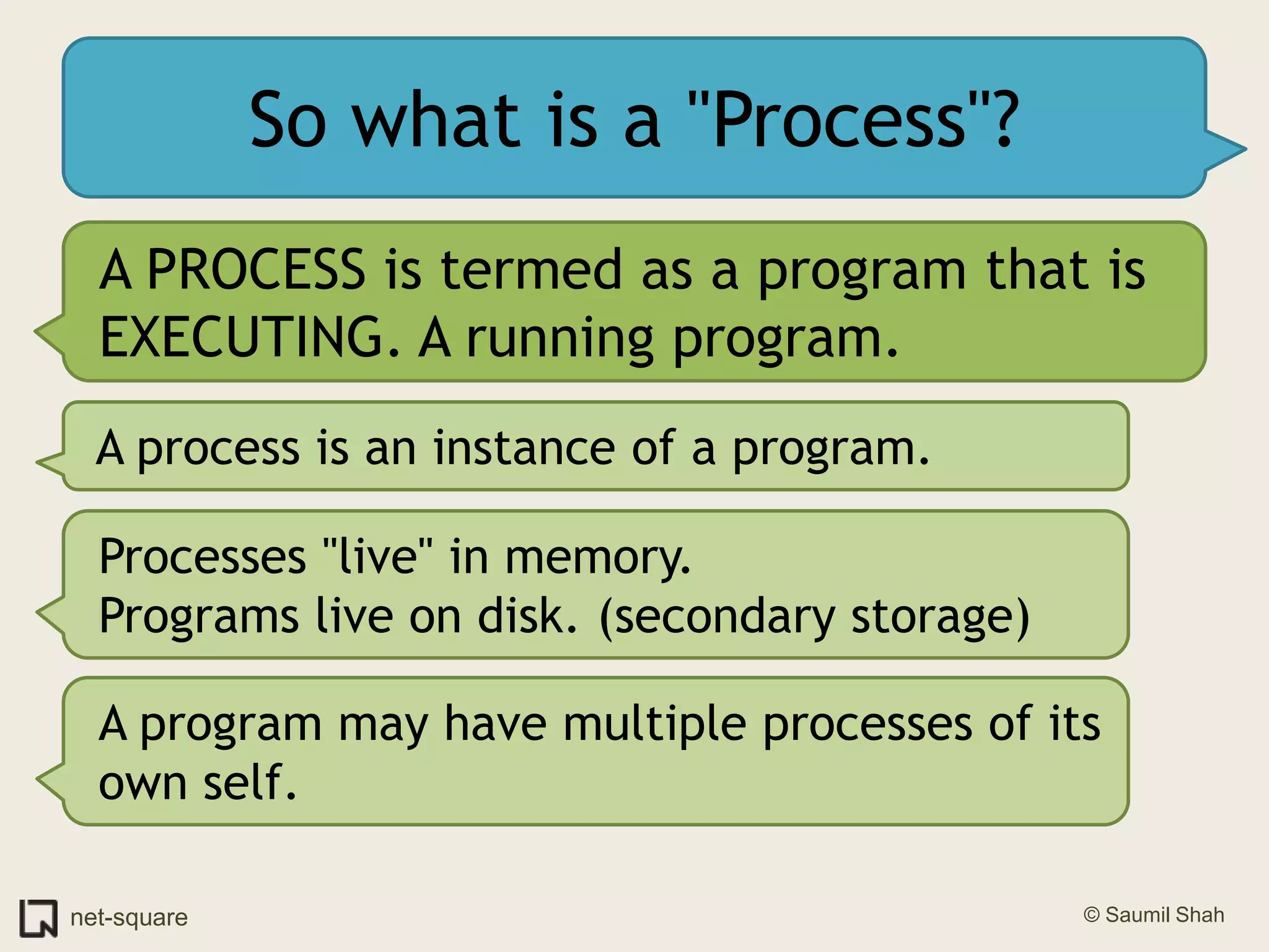 So what is a "Process"?A PROCESS is termed as a program that is EXECUTING. A running program.A process is an instance of a program.Processes "live" in memory.Programs live on disk. (secondary storage)A program may have multiple processes of its own self.