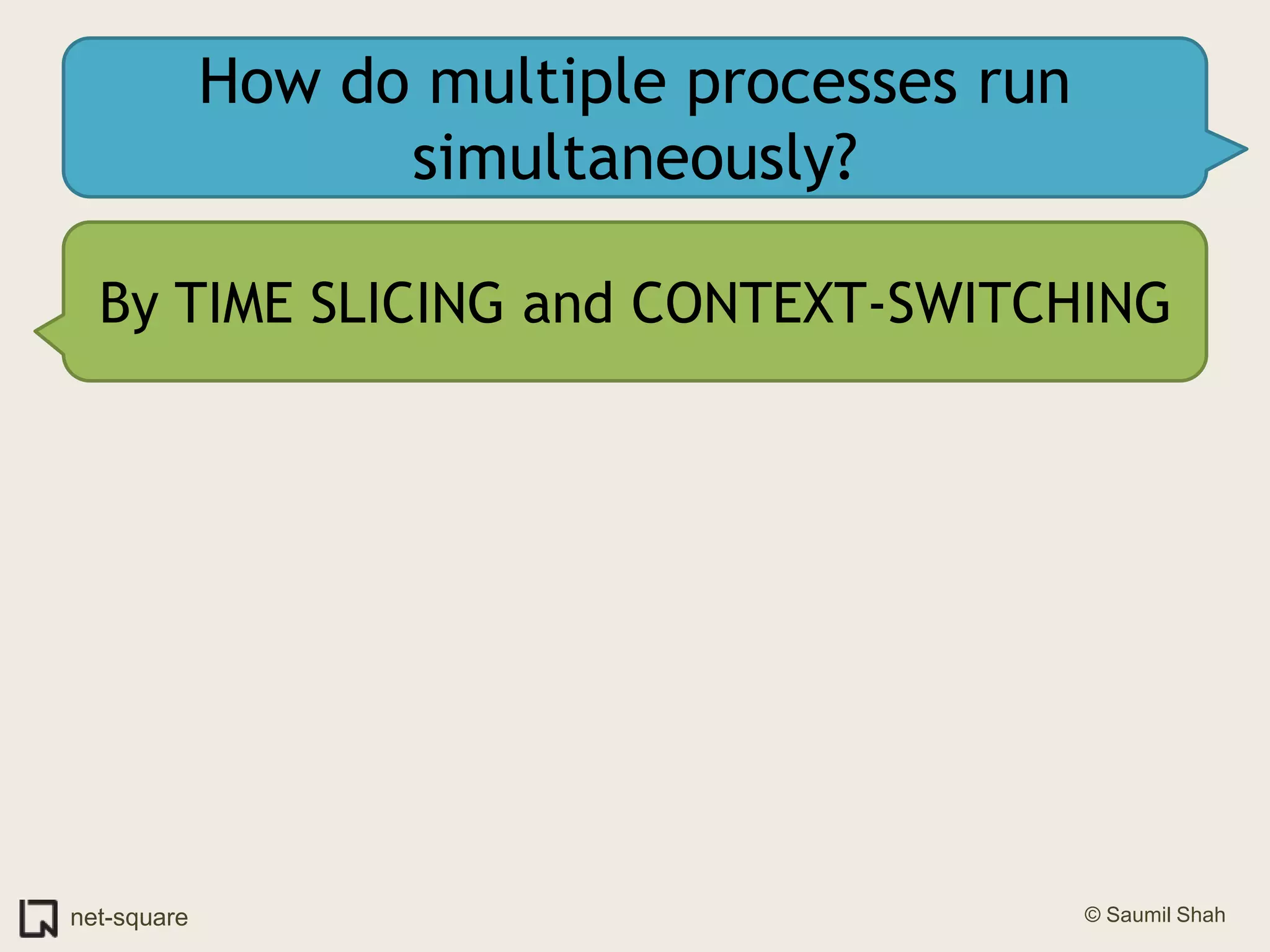 How do multiple processes run simultaneously?By TIME SLICING and CONTEXT-SWITCHING