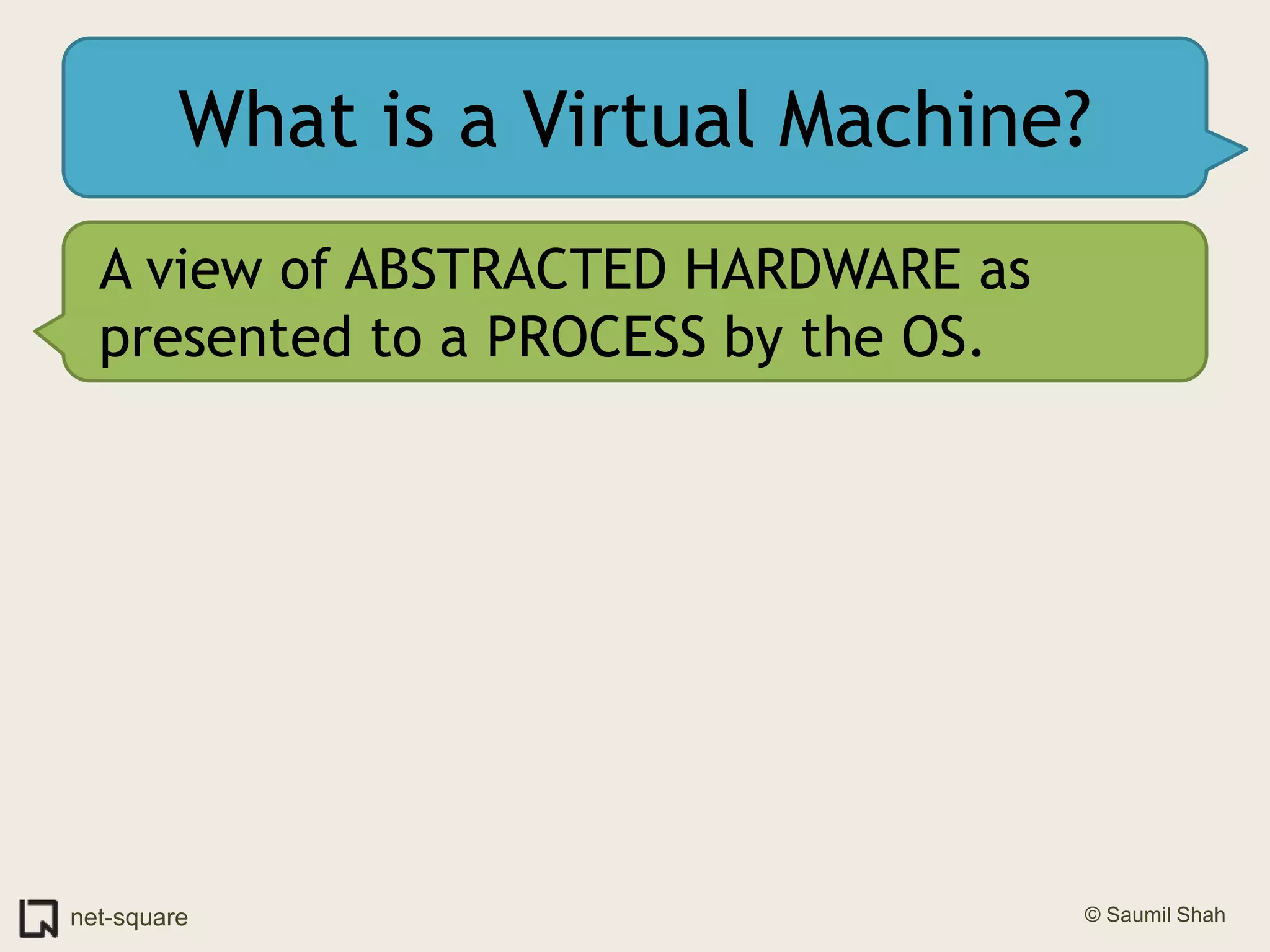 What is a Virtual Machine?A view of ABSTRACTED HARDWARE as presented to a PROCESS by the OS.