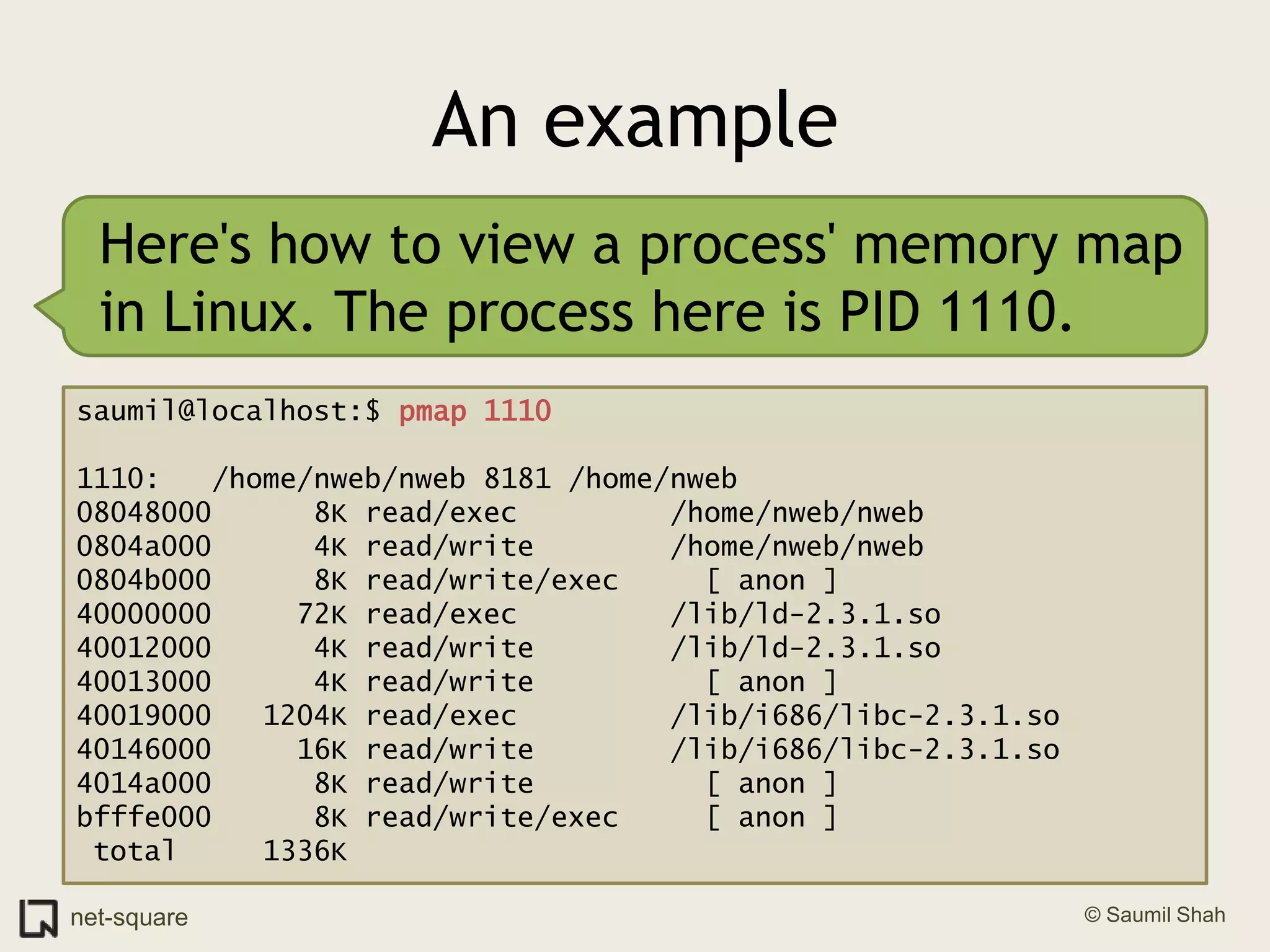 An exampleHere's how to view a process' memory map in Linux. The process here is PID 1110.saumil@localhost:$ pmap 11101110:   /home/nweb/nweb 8181 /home/nweb 08048000      8K read/exec         /home/nweb/nweb0804a000      4K read/write        /home/nweb/nweb0804b000      8K read/write/exec     [ anon ]40000000     72K read/exec         /lib/ld-2.3.1.so40012000      4K read/write        /lib/ld-2.3.1.so40013000      4K read/write          [ anon ]40019000   1204K read/exec         /lib/i686/libc-2.3.1.so40146000     16K read/write        /lib/i686/libc-2.3.1.so4014a000      8K read/write          [ anon ]bfffe000      8K read/write/exec     [ anon ] total     1336K