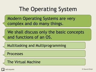 The Operating SystemModern Operating Systems are very complex and do many things.We shall discuss only the basic concepts and functions of an OS.Multitasking and MultiprogrammingProcessesThe Virtual Machine