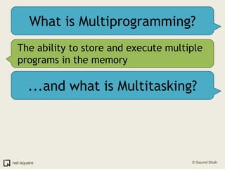 What is Multiprogramming?The ability to store and execute multiple programs in the memory...and what is Multitasking?