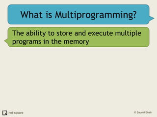 What is Multiprogramming?<br />The ability to store and execute multiple programs in the memory<br />