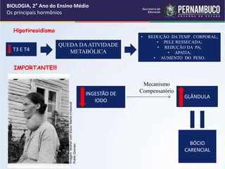 BIOLOGIA, 2° Ano do Ensino Médio
Os principais hormônios
Hipotireoidismo
T3 E T4
QUEDA DAATIVIDADE
METABÓLICA
• REDUÇÃO DA TEMP . CORPORAL;
• PELE RESSECADA;
• REDUÇÃO DA PA;
• APATIA;
• AUMENTO DO PESO.
IMPORTANTE!!!
INGESTÃO DE
IODO
GLÂNDULA
BÓCIO
CARENCIAL
Mecanismo
Compensatório
Imagem:
Mulher
com
bócio/
Martin
Finborud/
Public
Domain
 