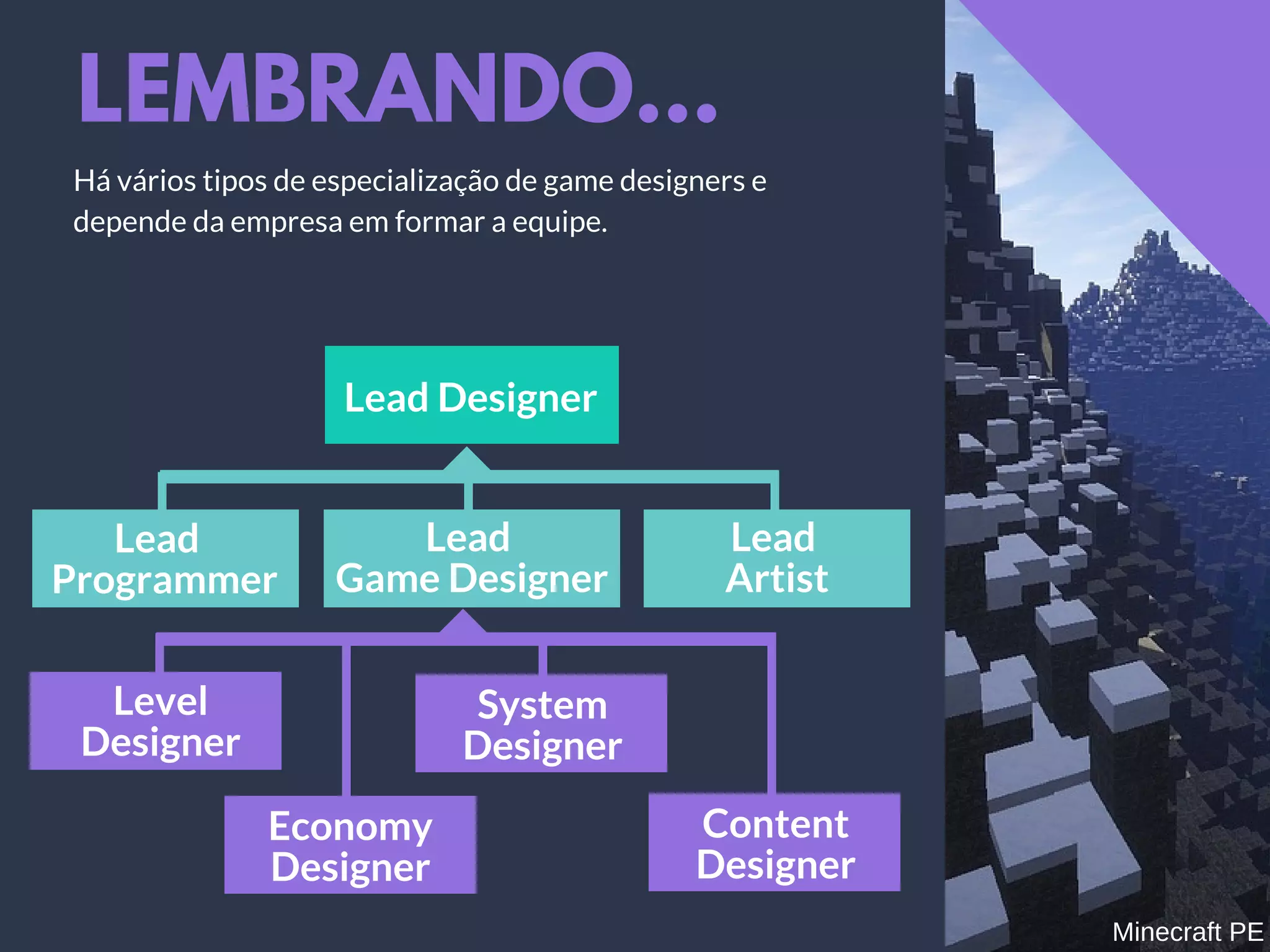 LEMBRANDO...
Há vários tipos de especialização de game designers e
depende da empresa em formar a equipe.
Lead Designer
Lead
Game Designer
Lead
 Programmer
Lead
Artist
Level
Designer
Content
Designer
System
Designer
Economy
Designer
Minecraft PE
 