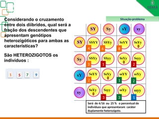 Biologia, 3° ano
Os princípios das Leis da Genética ou Mendelianas
SY
Sy
sY
sy
SY Sy sY sy
SSYY SSYy
SSYy SSyy
SsYY
Ssyy
SsYY
Ssyy
ssYY ssYy
ssYy ssyy
SsYy
SsYy
SsYy
SsYy
2
3
4 6 8
1 2
3
1 2
3 1
São HETEROZIGOTOS os
indivíduos :
1 5 7 9
Considerando o cruzamento
entre dois diíbridos, qual será a
fração dos descendentes que
apresentam genótipos
heterozigóticos para ambas as
características?
Será de 4/16 ou 25 % o percentual de
indivíduos que apresentaram caráter
duplamente heterozigoto.
1 5 7 9
Situação-problema
 