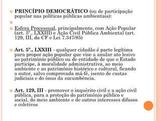  PRINCÍPIO DEMOCRÁTICO (ou de participação
popular nas políticas públicas ambientais):

 Esfera Processual, principalmente, com Ação Popular
(art. 5º., LXXIII) e Ação Civil Pública Ambiental (art.
129, III, da CF e Lei 7.347/85)
 Art. 5º., LXXIII - qualquer cidadão é parte legítima
para propor ação popular que vise a anular ato lesivo
ao patrimônio público ou de entidade de que o Estado
participe, à moralidade administrativa, ao meio
ambiente e ao patrimônio histórico e cultural, ficando
o autor, salvo comprovada má-fé, isento de custas
judiciais e do ônus da sucumbência.
 Art. 129, III - promover o inquérito civil e a ação civil
pública, para a proteção do patrimônio público e
social, do meio ambiente e de outros interesses difusos
e coletivos
 