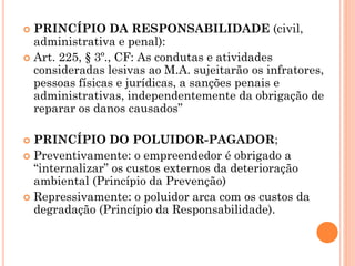  PRINCÍPIO DA RESPONSABILIDADE (civil,
administrativa e penal):
 Art. 225, § 3º., CF: As condutas e atividades
consideradas lesivas ao M.A. sujeitarão os infratores,
pessoas físicas e jurídicas, a sanções penais e
administrativas, independentemente da obrigação de
reparar os danos causados”
 PRINCÍPIO DO POLUIDOR-PAGADOR;
 Preventivamente: o empreendedor é obrigado a
“internalizar” os custos externos da deterioração
ambiental (Princípio da Prevenção)
 Repressivamente: o poluidor arca com os custos da
degradação (Princípio da Responsabilidade).
 