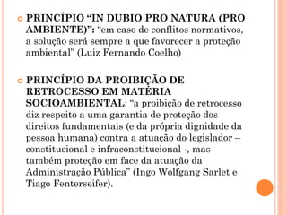  PRINCÍPIO “IN DUBIO PRO NATURA (PRO
AMBIENTE)”: “em caso de conflitos normativos,
a solução será sempre a que favorecer a proteção
ambiental” (Luiz Fernando Coelho)
 PRINCÍPIO DA PROIBIÇÃO DE
RETROCESSO EM MATÉRIA
SOCIOAMBIENTAL: “a proibição de retrocesso
diz respeito a uma garantia de proteção dos
direitos fundamentais (e da própria dignidade da
pessoa humana) contra a atuação do legislador –
constitucional e infraconstitucional -, mas
também proteção em face da atuação da
Administração Pública” (Ingo Wolfgang Sarlet e
Tiago Fenterseifer).
 