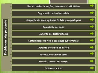 Problemasdapecuária Uso excessivo de rações, hormonas e antibióticos
Degradação da biodiversidade
Ocupação de solos agrícolas férteis para pastagens
Degradação dos solos
Aumento da desflorestação
Contaminação de rios e das águas subterrâneas
Aumento do efeito de estufa
Elevado consumo de água
Elevado consumo de energia
Problemas éticos
2
 