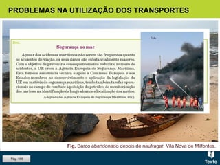 PROBLEMAS NA UTILIZAÇÃO DOS TRANSPORTES
Pág. 198
Fig. Barco abandonado depois de naufragar, Vila Nova de Milfontes.
 