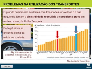Fig. Acidente Rodoviário.
PROBLEMAS NA UTILIZAÇÃO DOS TRANSPORTES
Pág. 199
O grande número dos acidentes com transportes rodoviários e a sua
frequência tornam a sinistralidade rodoviária um problema grave em
muitos países, da União Europeia.
Fig. Vítimas mortais de
acidentes rodoviários na UE–
27, em 2010.
Portugal ainda se
encontra acima da
média comunitária.
 