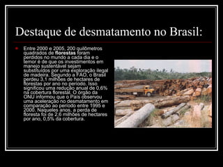 Destaque de desmatamento no Brasil: Entre 2000 e 2005, 200 quilômetros quadrados de  florestas  foram perdidos no mundo a cada dia e o temor é de que os investimentos em manejo sustentável sejam substituídos por uma exploração ilegal de madeira. Segundo a FAO, o Brasil perdeu 3,1 milhões de hectares de florestas por ano no período. Isso significou uma redução anual de 0,6% na cobertura florestal. O órgão da ONU informou que o País observou uma aceleração no desmatamento em comparação ao período entre 1995 e 2000. Naqueles anos, a perda de floresta foi de 2,6 milhões de hectares por ano, 0,5% da cobertura.  