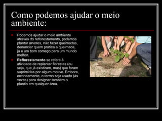 Como podemos ajudar o meio ambiente: Podemos ajudar o meio ambiente através do reflorestamento, podemos plantar arvores, não fazer queimadas, denunciar quem pratica a queimada, já é um bom começo para um mundo melhor. Reflorestamento  se refere à atividade de replantar florestas (ou seja, que já existiram, mas) que foram suprimidas por algum motivo. Embora, erroneamente, o termo seja usado (às vezes) para designar também o plantio em qualquer área.  