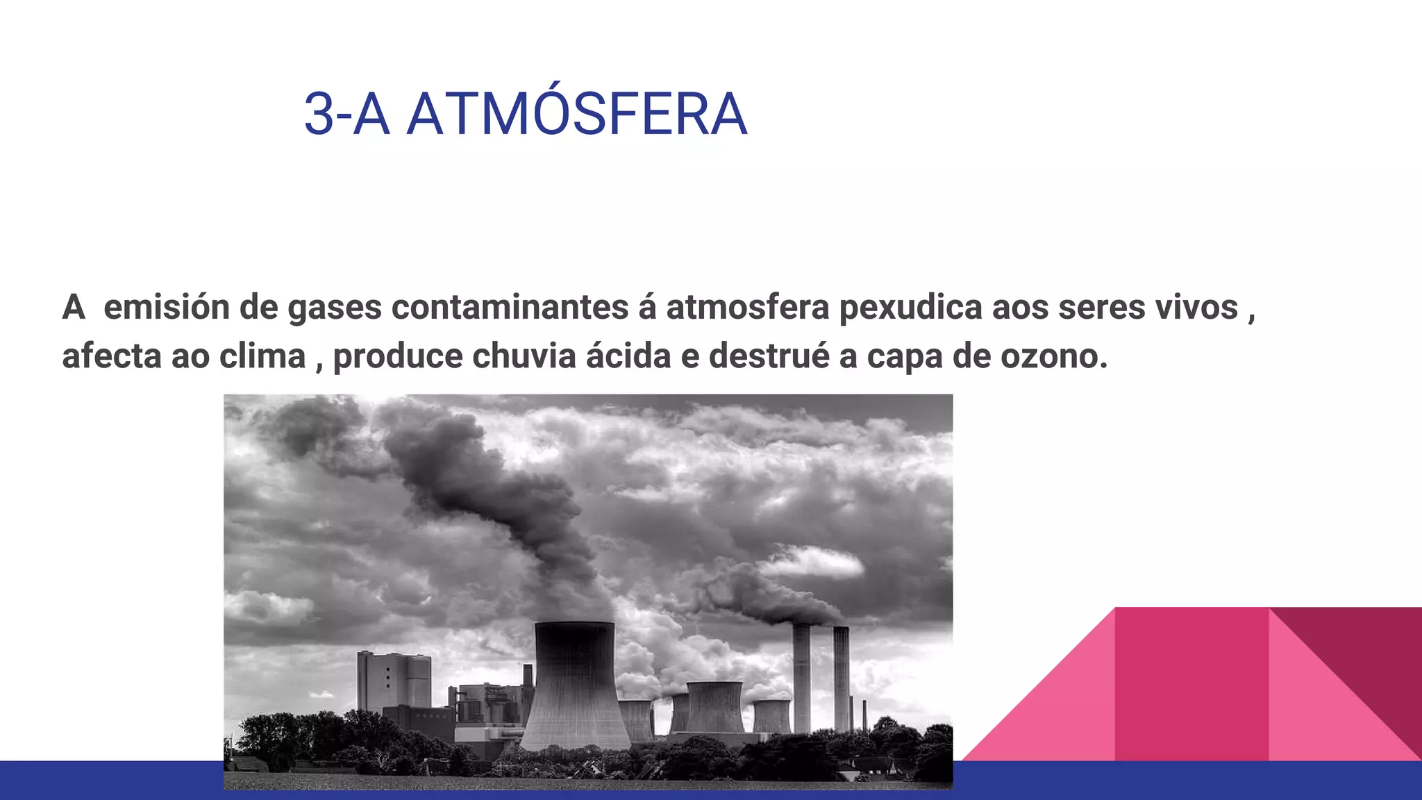 3-A ATMÓSFERA
A emisión de gases contaminantes á atmosfera pexudica aos seres vivos ,
afecta ao clima , produce chuvia ácida e destrué a capa de ozono.
 