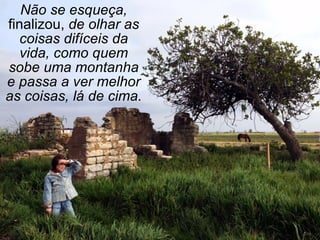 Não se esqueça,
finalizou, de olhar as
   coisas difíceis da
   vida, como quem
sobe uma montanha
e passa a ver melhor
as coisas, lá de cima.
 