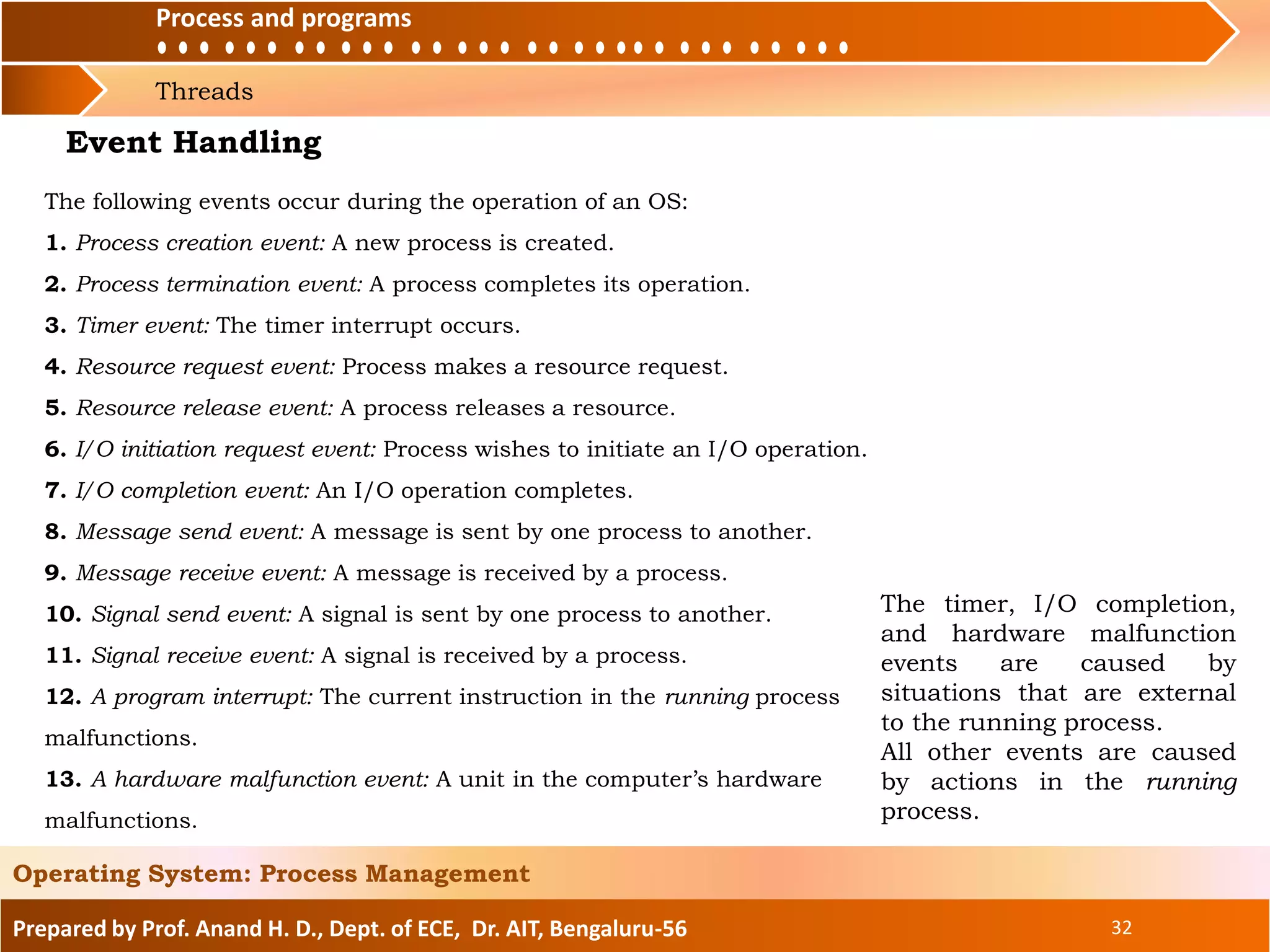 Prepared by Prof. Anand H. D., Dept. of ECE, Dr. AIT, Bengaluru-56 32
Operating System: Process Management
The following events occur during the operation of an OS:
1. Process creation event: A new process is created.
2. Process termination event: A process completes its operation.
3. Timer event: The timer interrupt occurs.
4. Resource request event: Process makes a resource request.
5. Resource release event: A process releases a resource.
6. I/O initiation request event: Process wishes to initiate an I/O operation.
7. I/O completion event: An I/O operation completes.
8. Message send event: A message is sent by one process to another.
9. Message receive event: A message is received by a process.
10. Signal send event: A signal is sent by one process to another.
11. Signal receive event: A signal is received by a process.
12. A program interrupt: The current instruction in the running process
malfunctions.
13. A hardware malfunction event: A unit in the computer’s hardware
malfunctions.
Event Handling
The timer, I/O completion,
and hardware malfunction
events are caused by
situations that are external
to the running process.
All other events are caused
by actions in the running
process.
Process and programs
Threads
Process and programs
 