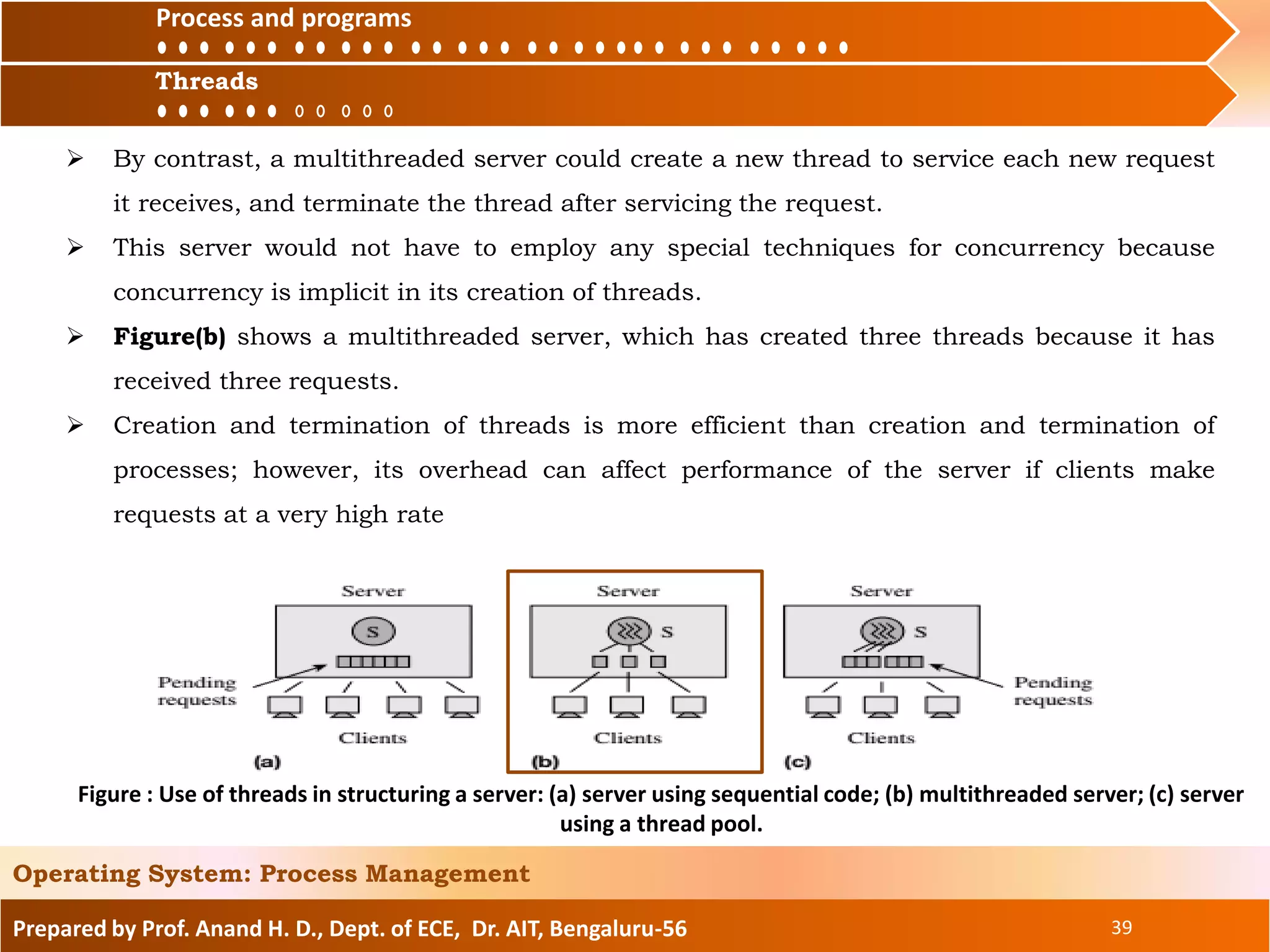 Prepared by Prof. Anand H. D., Dept. of ECE, Dr. AIT, Bengaluru-56 39
Operating System: Process Management
 By contrast, a multithreaded server could create a new thread to service each new request
it receives, and terminate the thread after servicing the request.
 This server would not have to employ any special techniques for concurrency because
concurrency is implicit in its creation of threads.
 Figure(b) shows a multithreaded server, which has created three threads because it has
received three requests.
 Creation and termination of threads is more efficient than creation and termination of
processes; however, its overhead can affect performance of the server if clients make
requests at a very high rate
Process and
ThreadsThreads
Process and programs
Figure : Use of threads in structuring a server: (a) server using sequential code; (b) multithreaded server; (c) server
using a thread pool.
 