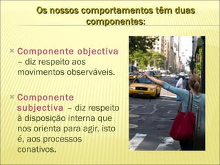 Os nossos comportamentos têm duas componentes: Componente objectiva  – diz respeito aos movimentos observáveis. Componente subjectiva  – diz respeito à disposição interna que nos orienta para agir, isto é, aos processos conativos. 