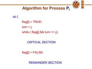 Algorithm for Process Pi
do {
flag[i] = TRUE;
turn = j;
while ( flag[j] && turn == j);
CRITICAL SECTION
flag[i] = FALSE;
REMAINDER SECTION
 