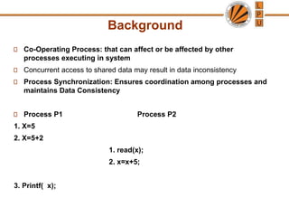 Background
Co-Operating Process: that can affect or be affected by other
processes executing in system
Concurrent access to shared data may result in data inconsistency
Process Synchronization: Ensures coordination among processes and
maintains Data Consistency
Process P1 Process P2
1. X=5
2. X=5+2
1. read(x);
2. x=x+5;
3. Printf( x);
 