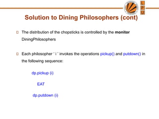 Solution to Dining Philosophers (cont)
The distribution of the chopsticks is controlled by the monitor
DiningPhilosophers
Each philosopher ‘ i ’ invokes the operations pickup() and putdown() in
the following sequence:
dp.pickup (i)
EAT
dp.putdown (i)
 